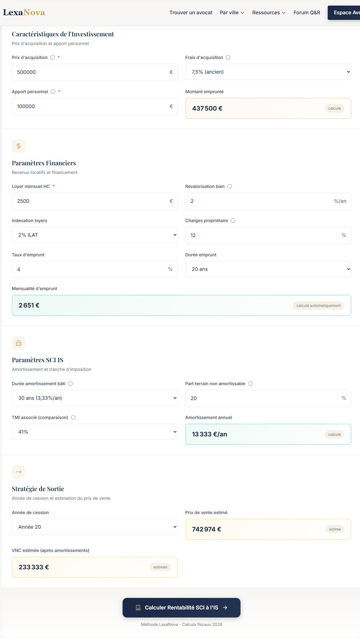 Paramètres d'entrée du simulateur SCI IS